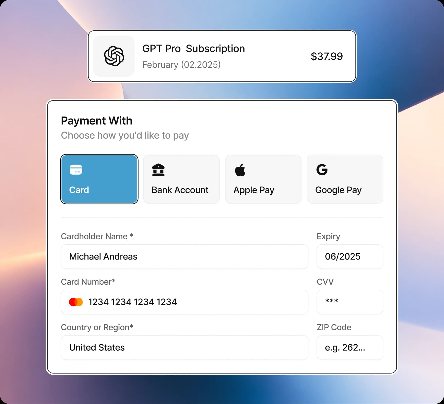 Illustrative checkout with card, wallet, bank and crypto options