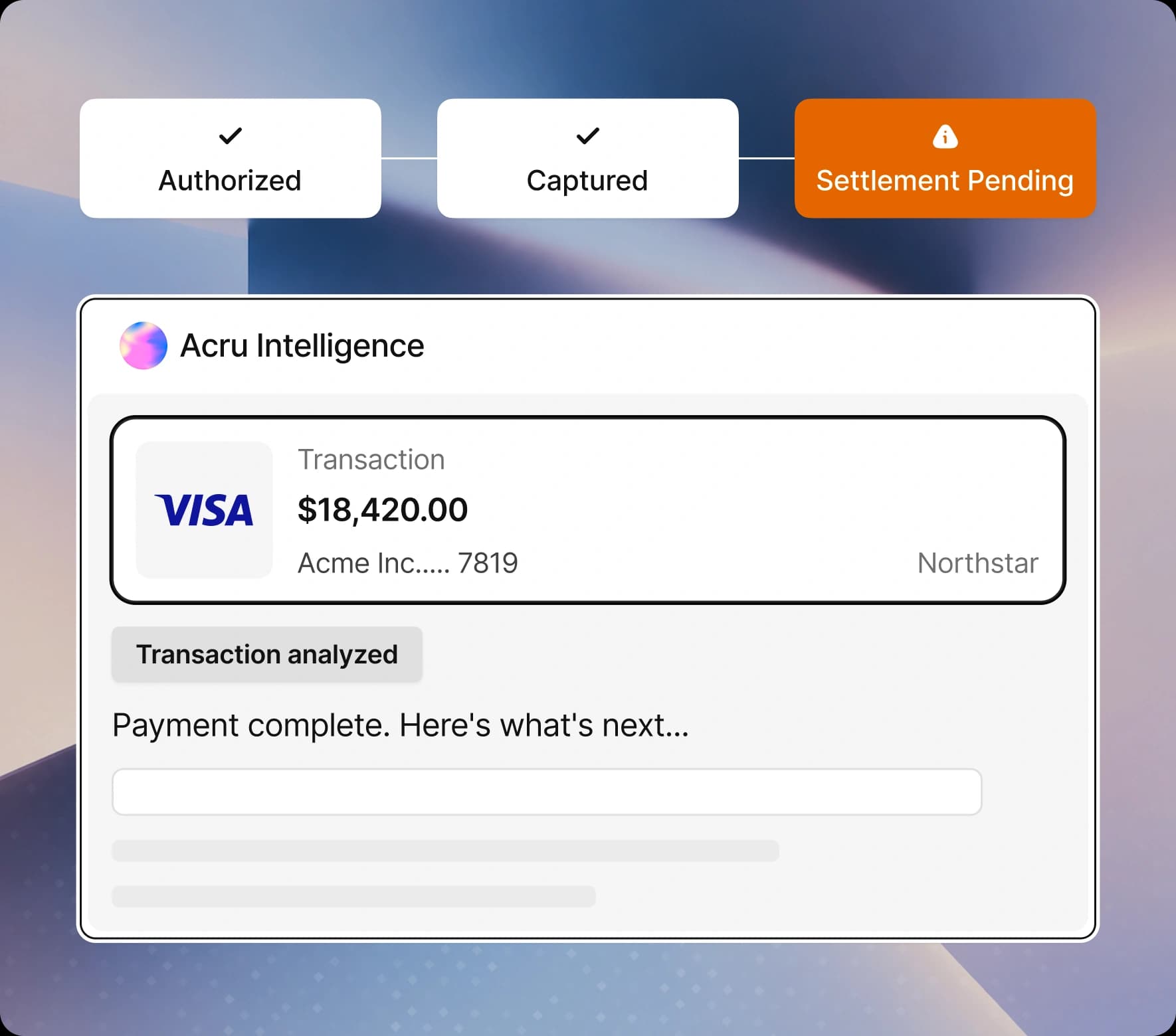 Illustrative transaction status and intelligence cards