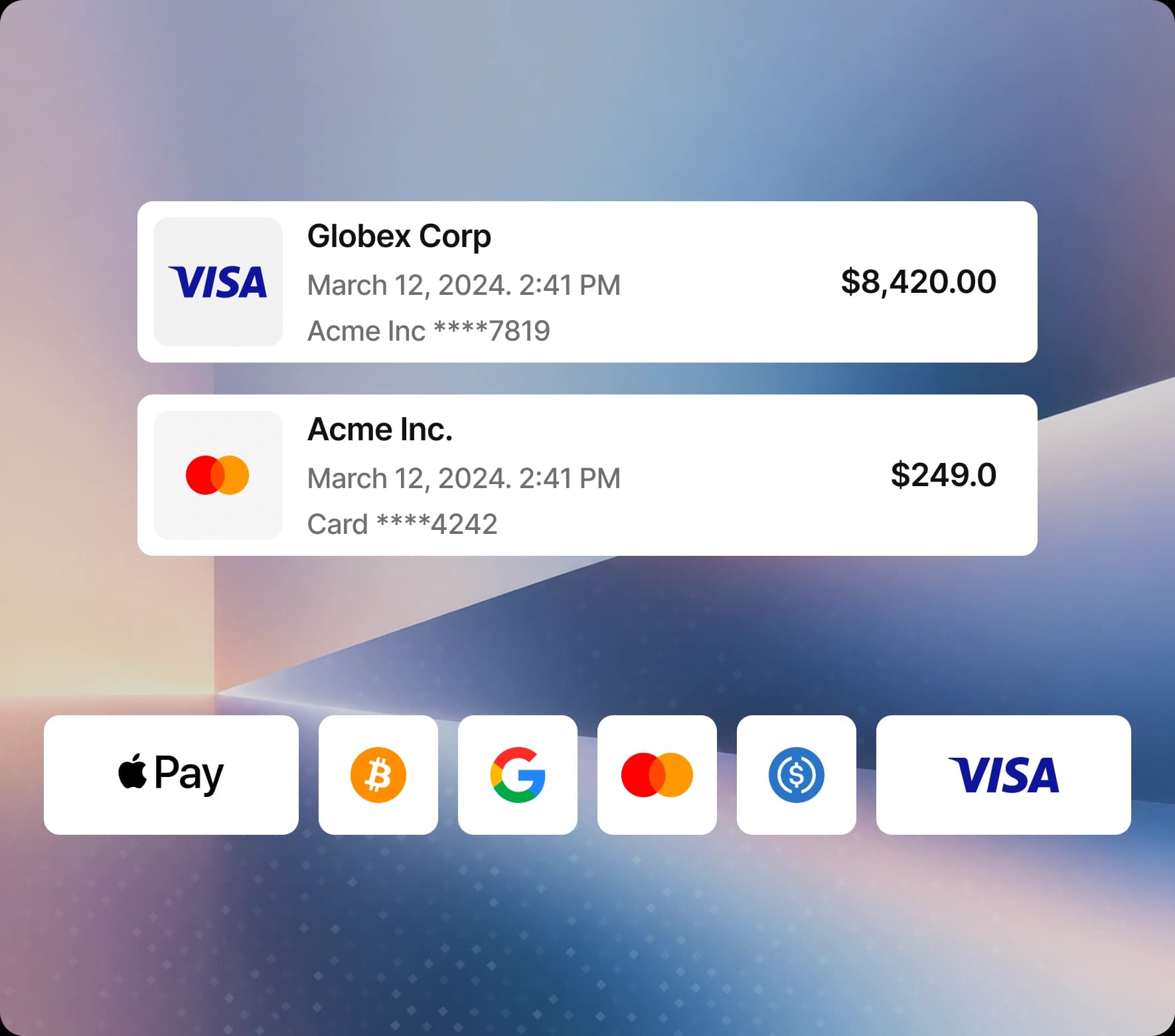 Illustrative transaction list with payment methods and statuses
