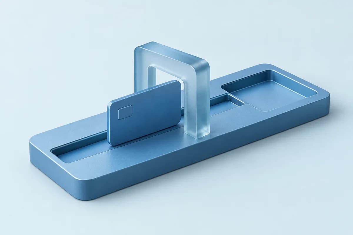 A blue payment card passing through a glass gateway along a sculpted payment track