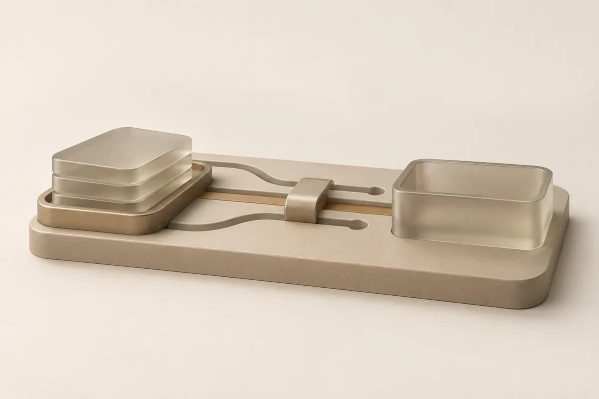 Sand-colored glass tiles moving along connected payout tracks toward a receiving tray
