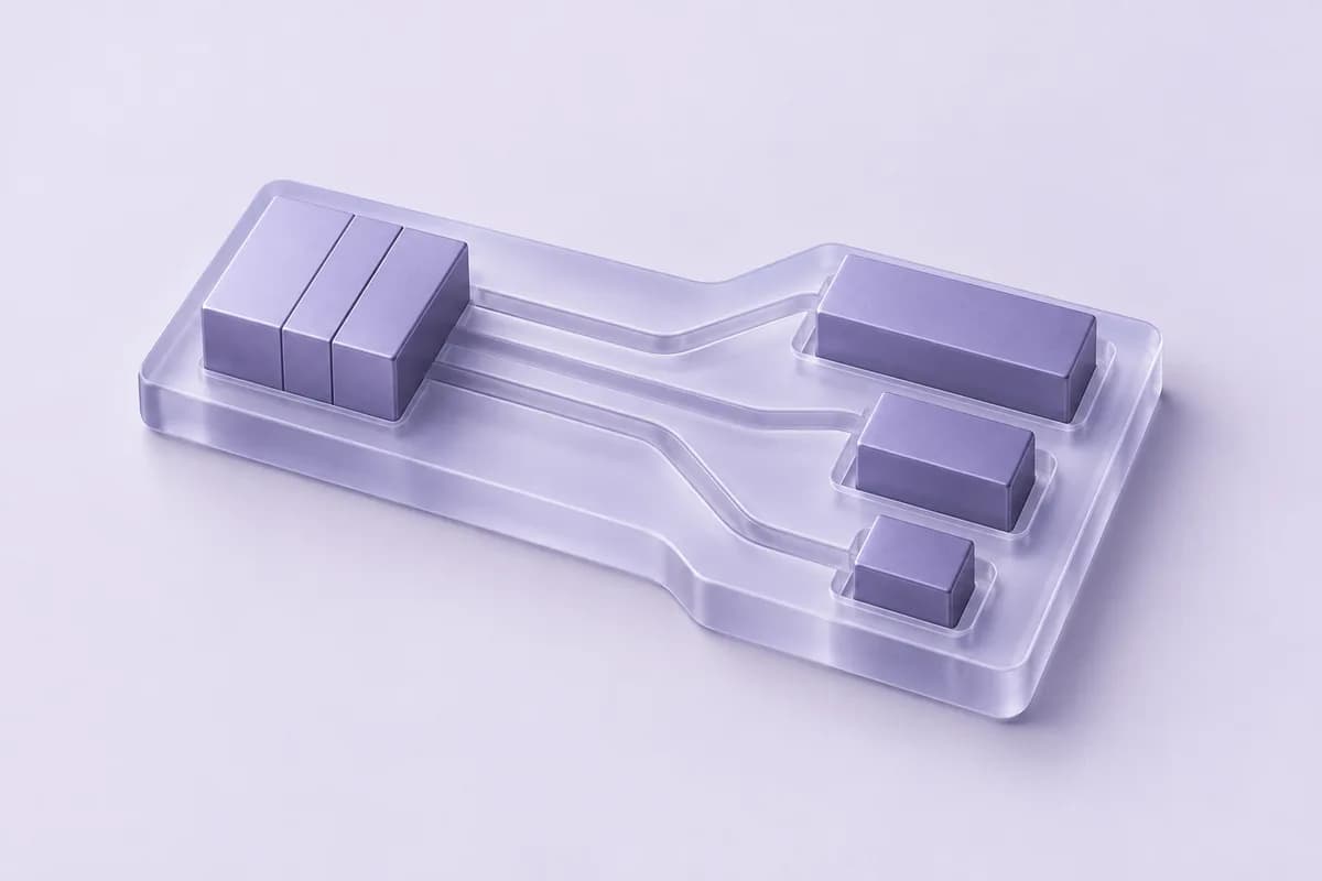 Lavender blocks connected by branching glass tracks that divide one payment among multiple destinations