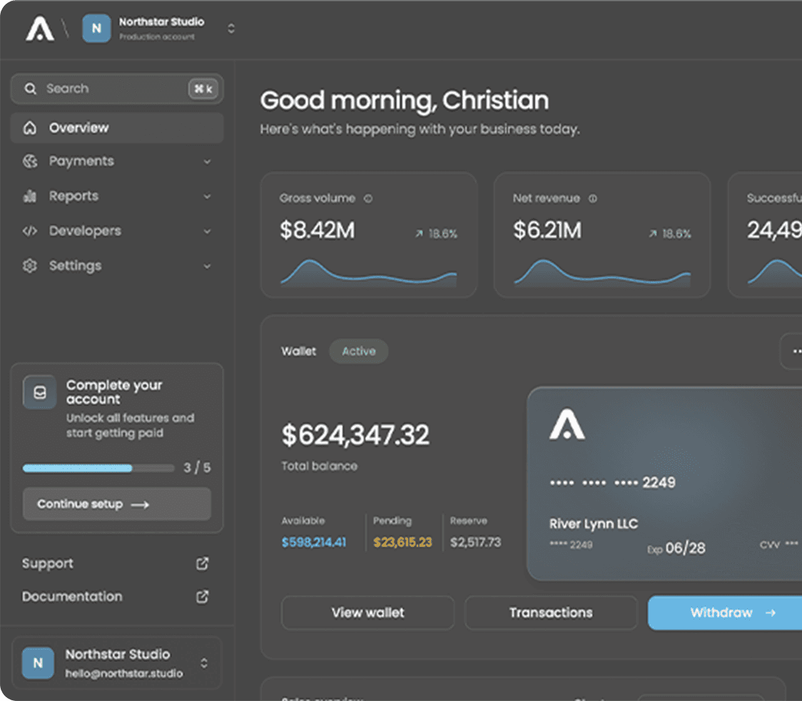 Acru merchant dashboard showing revenue, wallet balance, and business controls