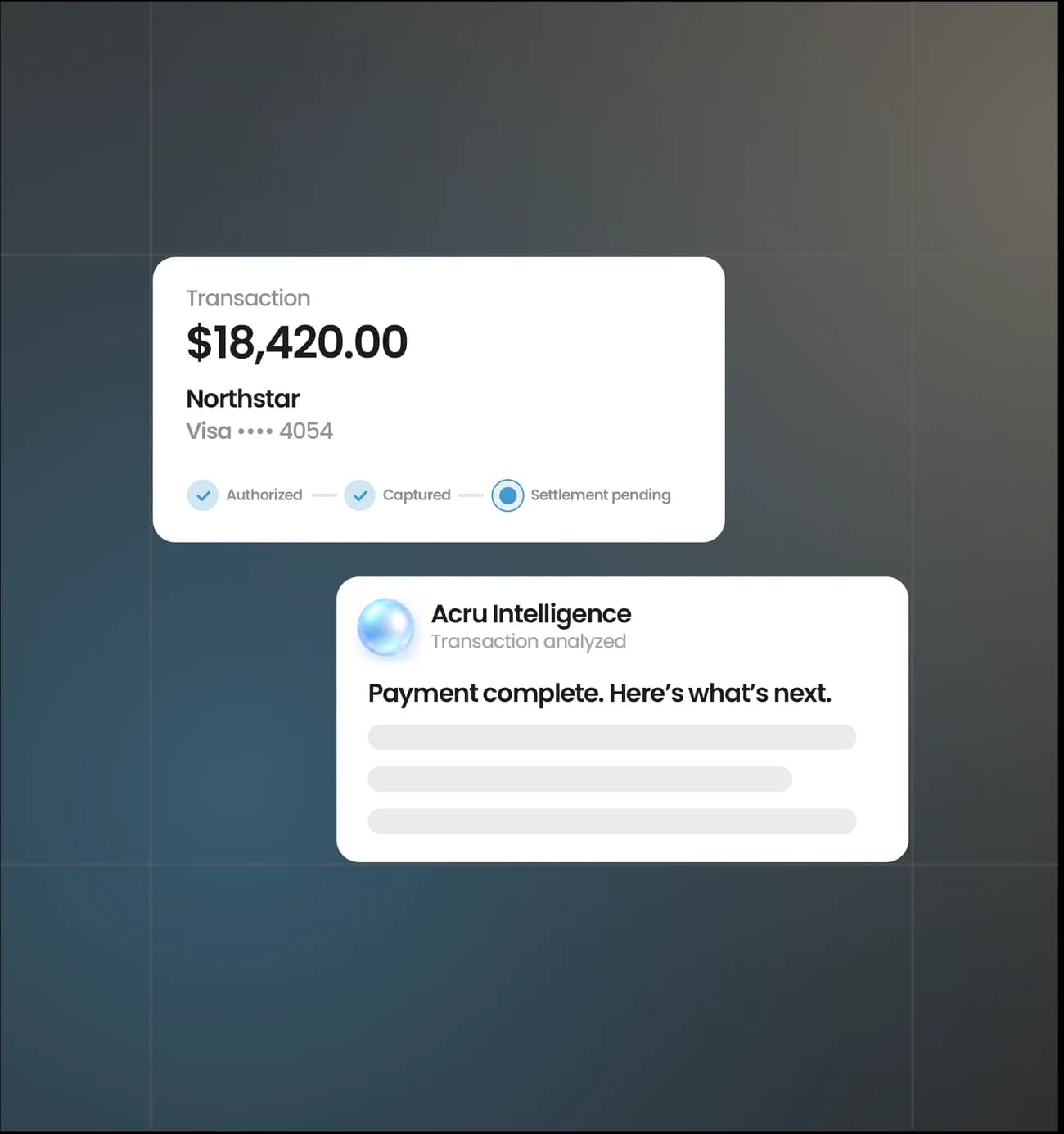Illustrative transaction status and intelligence cards