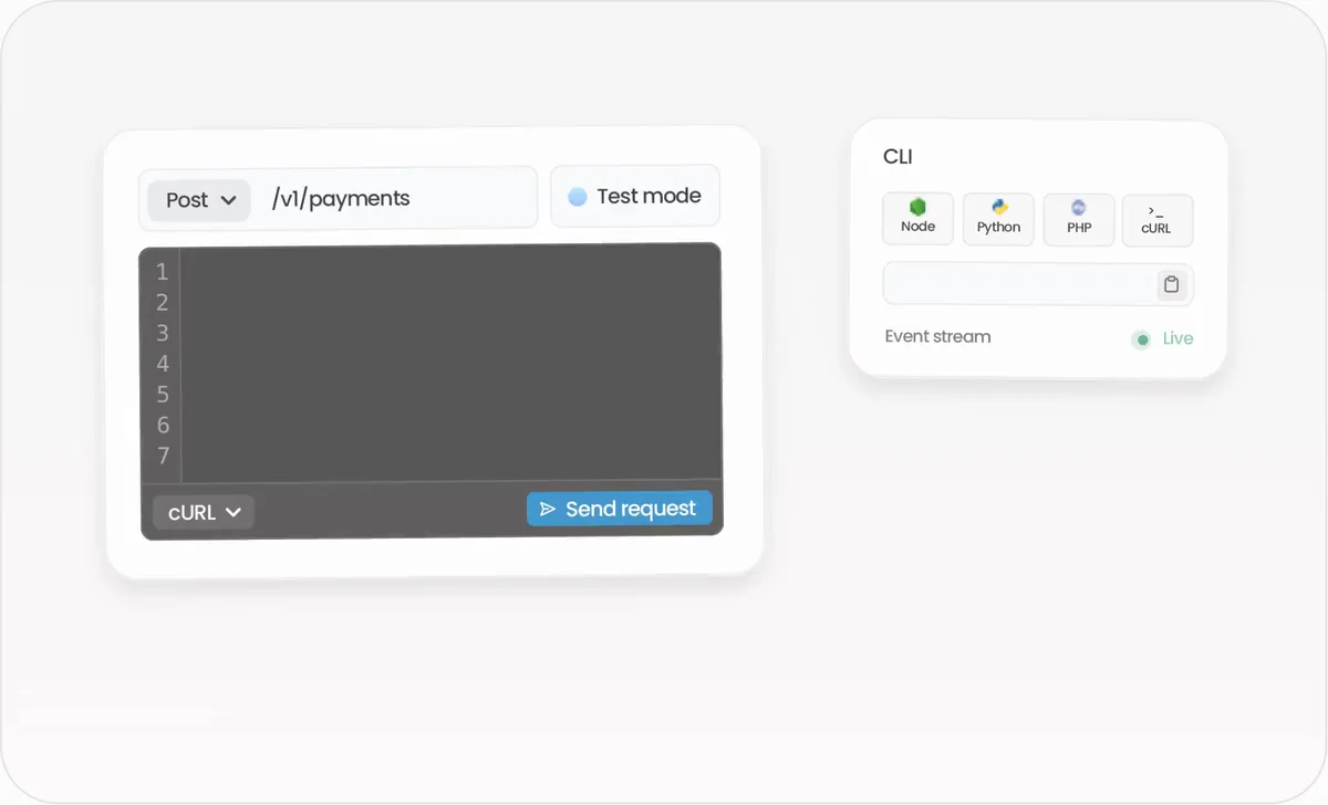 Acru payment API request, test response, and developer tools