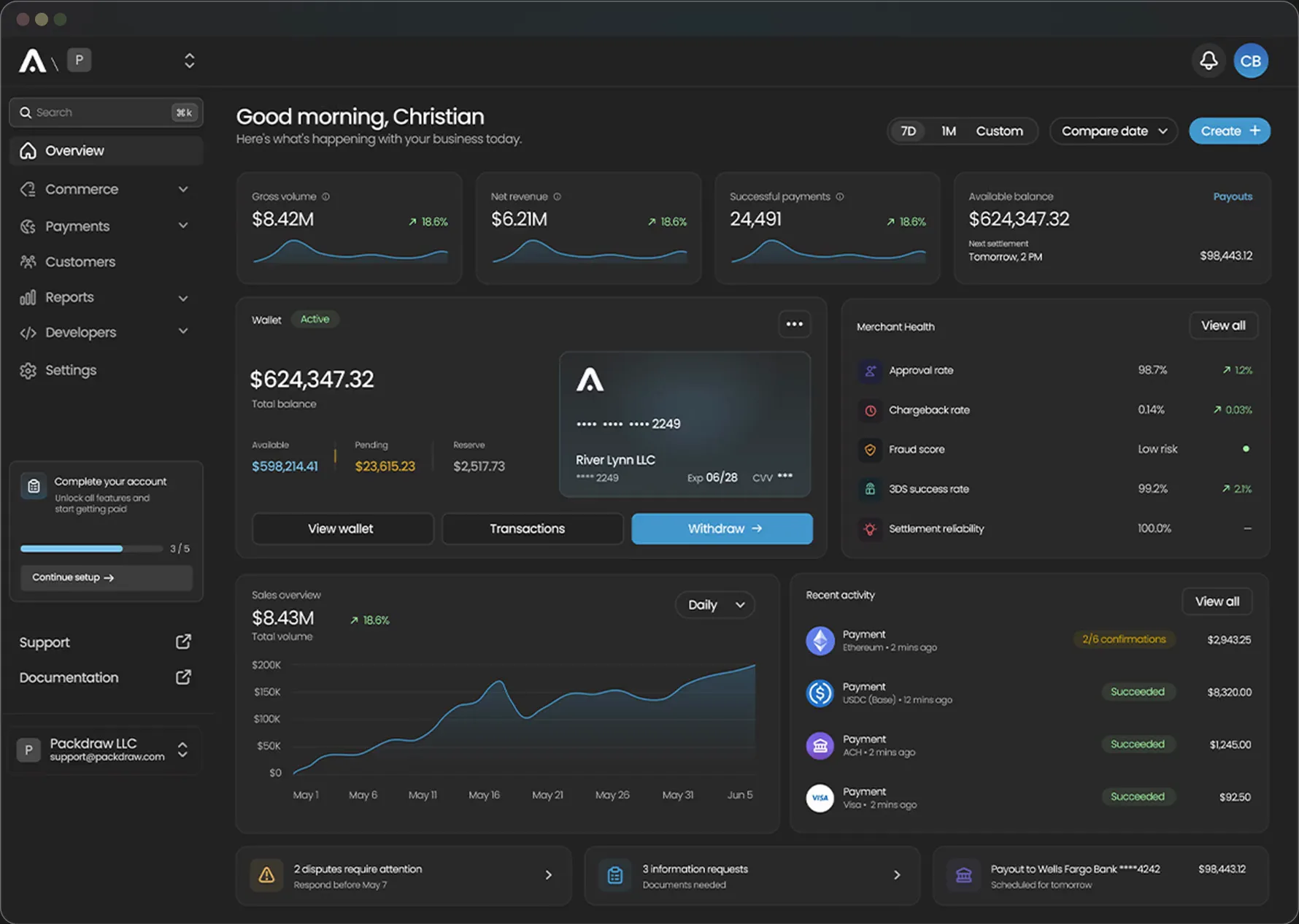 Acru payments preview, from the dashboard to transactions and payment details